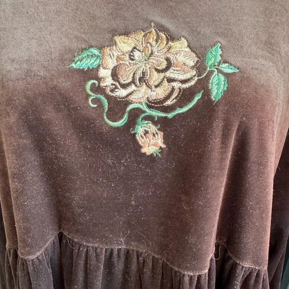 Vintage 90’s Shenanigans Brown Velveteen Baby Doll Dress Floral Embroidery - Picture 4 of 10